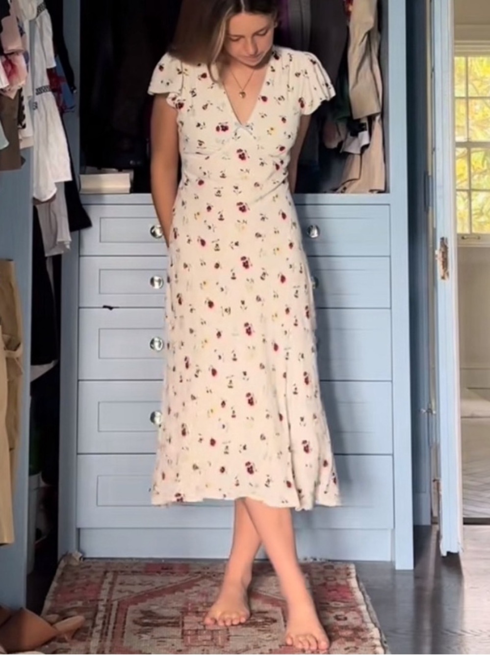 Gap x Doen Pansy Floral Blue Trimmed Tie Midi Dress New Size 4 Cottagecore - Picture 16 of 16